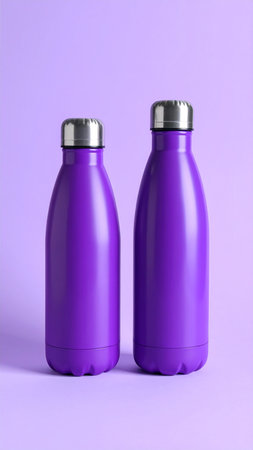 Purple plastic water bottle on purple background. Mockup for designの素材