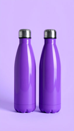 Two purple thermo bottles on purple background, closeup. Space for textの素材