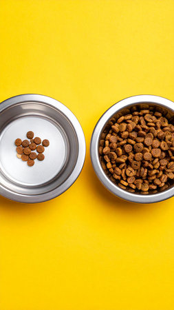 Dry cat food in bowl isolated on yellow background. Top view.の素材