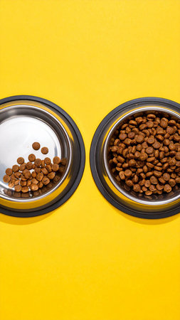 Two bowls of dry pet food on yellow background. Top view.の素材