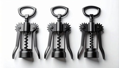 Set of black metal corkscrews on white background, top viewの素材