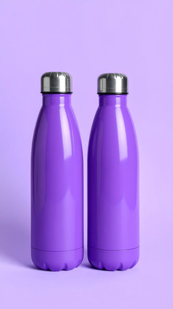 Purple reusable water bottle on purple background. Mockup for designの素材