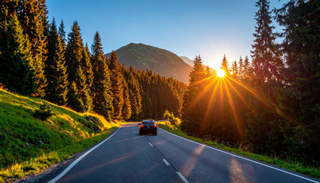 Car on the road in the mountains at sunset. Car travel conceptの素材