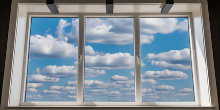 White plastic window with blue sky and white clouds in the background.の素材
