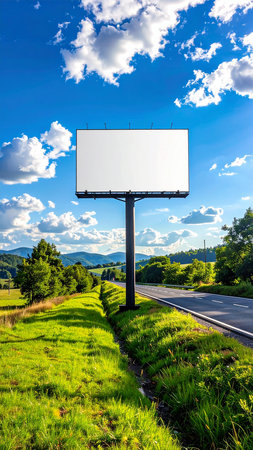 Blank billboard on the road in the countryside with blue sky.の素材
