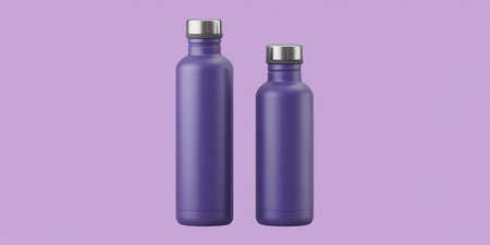 Mockup of two purple cosmetic bottles on purple background. Design or branding template. 3D rendering illustrationの素材