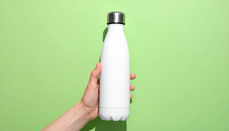 Female hand holding bottle of protein shake on color background, top viewの素材