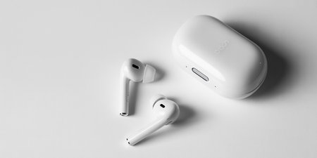 White wireless headphones on a white background. Top view. Flat lay.の素材