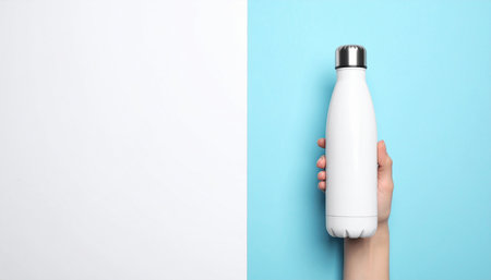 Female hand holding thermos bottle on blue and white background, top viewの素材