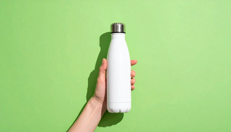 Female hand holding sports bottle on a green background. Top view.の素材