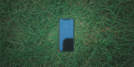 Smartphone on green grass. 3d illustration. Top view.の素材