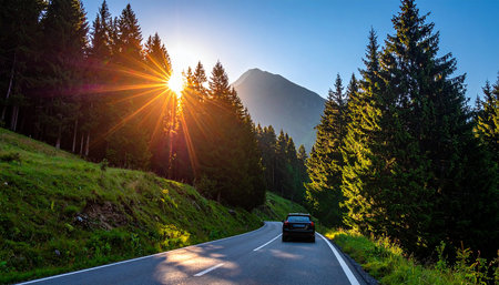 Asphalt road in the Carpathian Mountains at sunset, Ukraineの素材