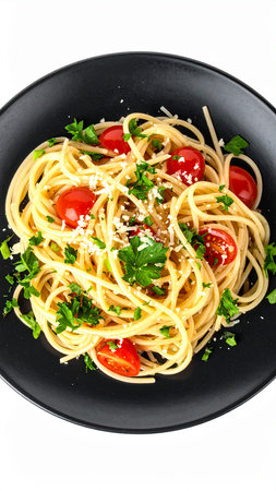 Spaghetti with cherry tomatoes and parsley on black plate isolated on white backgroundの素材
