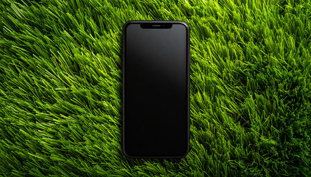 Smartphone with blank screen on green grass background. Top view.の素材