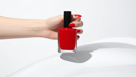 Female hand with red manicure holding nail polish bottle on white backgroundの素材