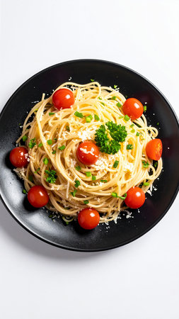 Spaghetti with cheese, cherry tomatoes and parsley on black plateの素材