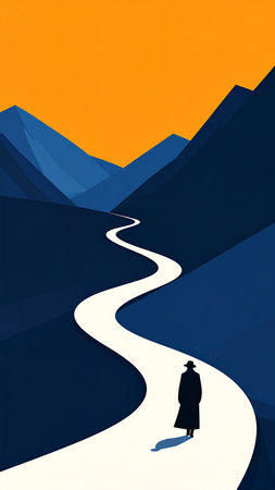 Silhouette of a woman walking on a mountain road. Vector illustration.の素材