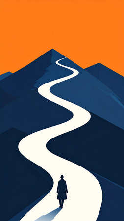 Woman walking on the road to the top of the mountain. Vector illustration.の素材