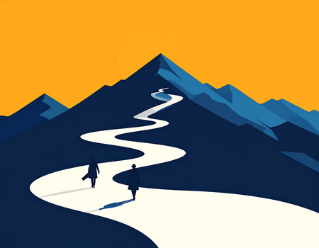 Vector illustration of a man and a woman walking on a mountain roadの素材