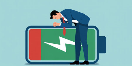 Businessman looking at smartwatch with battery charge level indicator. Vector illustrationの素材