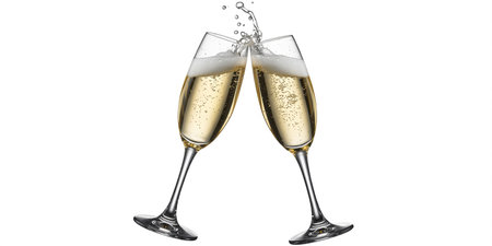 Two glasses of champagne with splash isolated on white background, clipping path includedの素材