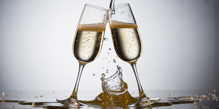 Two glasses of champagne with splashes and drops on a gray backgroundの素材