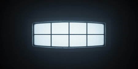 3D rendering of a white screen in a dark room illuminated by sunlightの素材