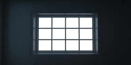 3d rendering of a window in a dark room with a large window.の素材