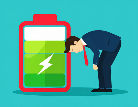 Businessman looking at battery charge level. Flat design vector illustration.の素材