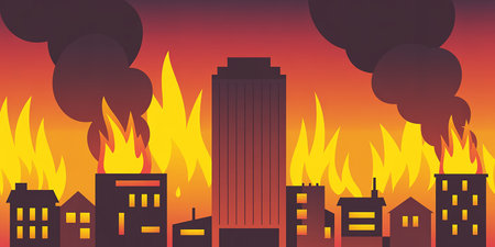 Flames of fire in the city. Flat design vector illustration.の素材