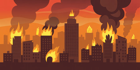 Flames in the city. Pollution of the environment concept. Vector illustrationの素材