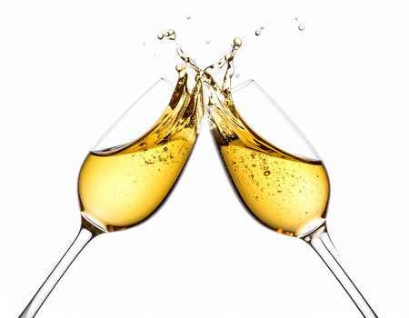 two glasses of white wine with splash isolated on a white background.の素材