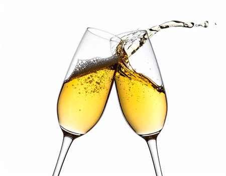 two glasses of champagne with splash isolated on white background, studio shotの素材