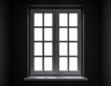 Black wall and window with white frame, 3d render, square imageの素材