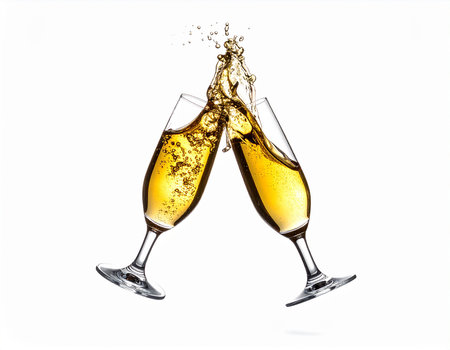 two glasses of champagne with splash isolated on white background, cheers conceptの素材