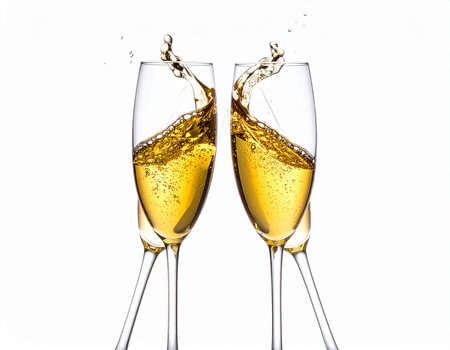 champagne splash isolated on white background. two glasses of champagneの素材