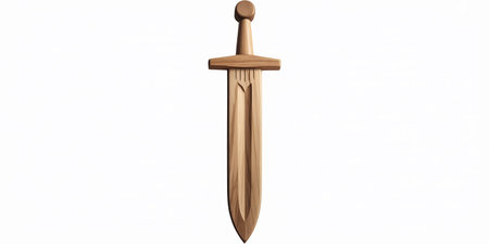 Wooden sword isolated on white background. 3d rendering. Computer digital drawing.の素材