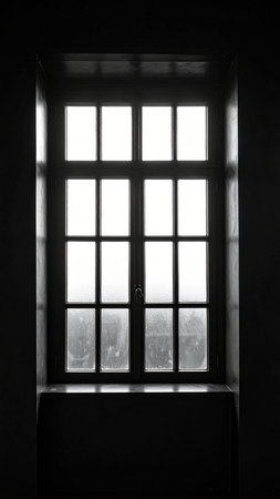 Window in a dark room with a view of the foggy morningの素材