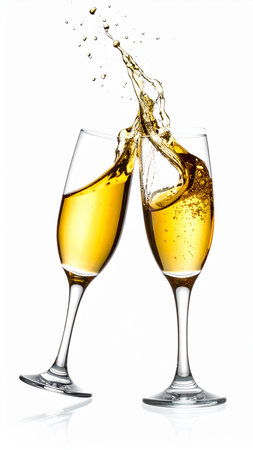 champagne splash isolated on white background, two glasses of champagneの素材