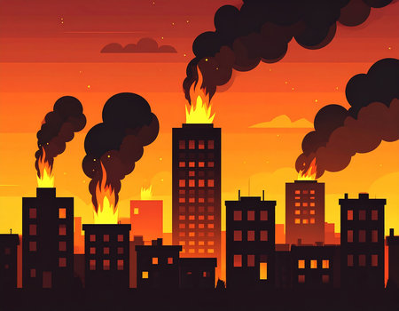 Burning buildings in the city at sunset. Vector illustration for your designの素材