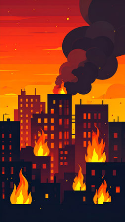 Burning buildings in the city at sunset. Vector illustration of a burning city.の素材