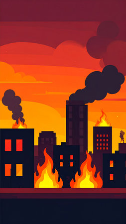 Illustration of a fire in the city at sunset, vector illustrationの素材
