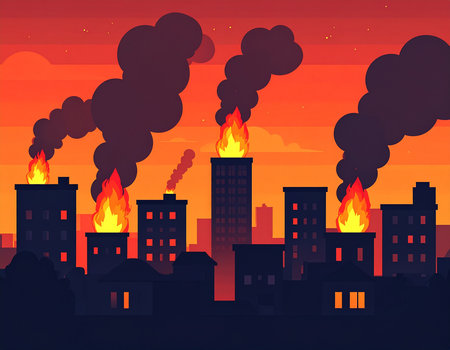Vector illustration of a burning city. Fire in the city. Flat style.の素材