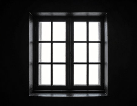 Black and white photo of a window in the dark with light.の素材