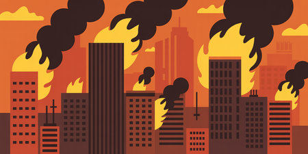 Flat vector illustration of a city with a fire and smoke.の素材