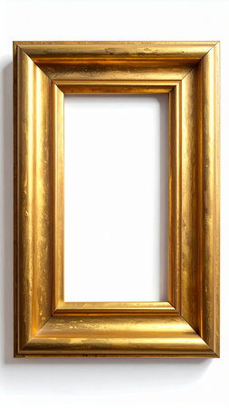 Golden picture frame isolated on white background. 3d render illustration.の素材