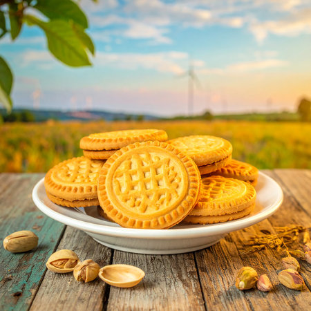 Pistachio cookies on wooden table with beautiful nature background.の素材