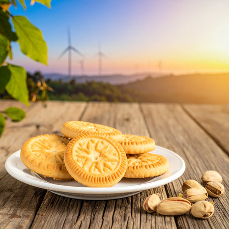 Pistachio cookies on a wooden table with wind turbines in the backgroundの素材