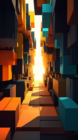 3d render of abstract background with cubes and rays of light.の素材