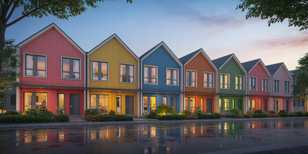 Row of colorful houses in a row at dusk. 3d renderingの素材